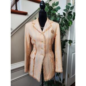 Larry Levine Yellow Long Sleeve Fringe Detailed Single Breasted Coat Size 8